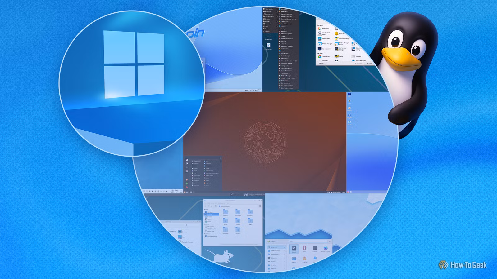 /fr/images/the-linux-mascot-peeking-from-behind-a-collage-of-linux-desktops-with-the-windows-logo-beside-it.png