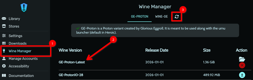 /images/the-heroic-game-launcher-wine-manager-screen-with-red-arrows-and-rectangles-highlighting-the-navigation-menu-the-ge-proton-version-and-the-update-button.png